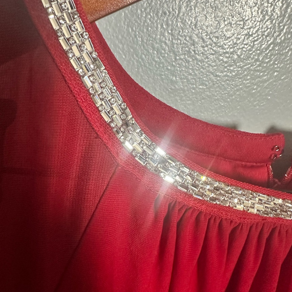 R&M Richards Red Chiffon Dress Rhinestone neckline - Picture 4 of 8